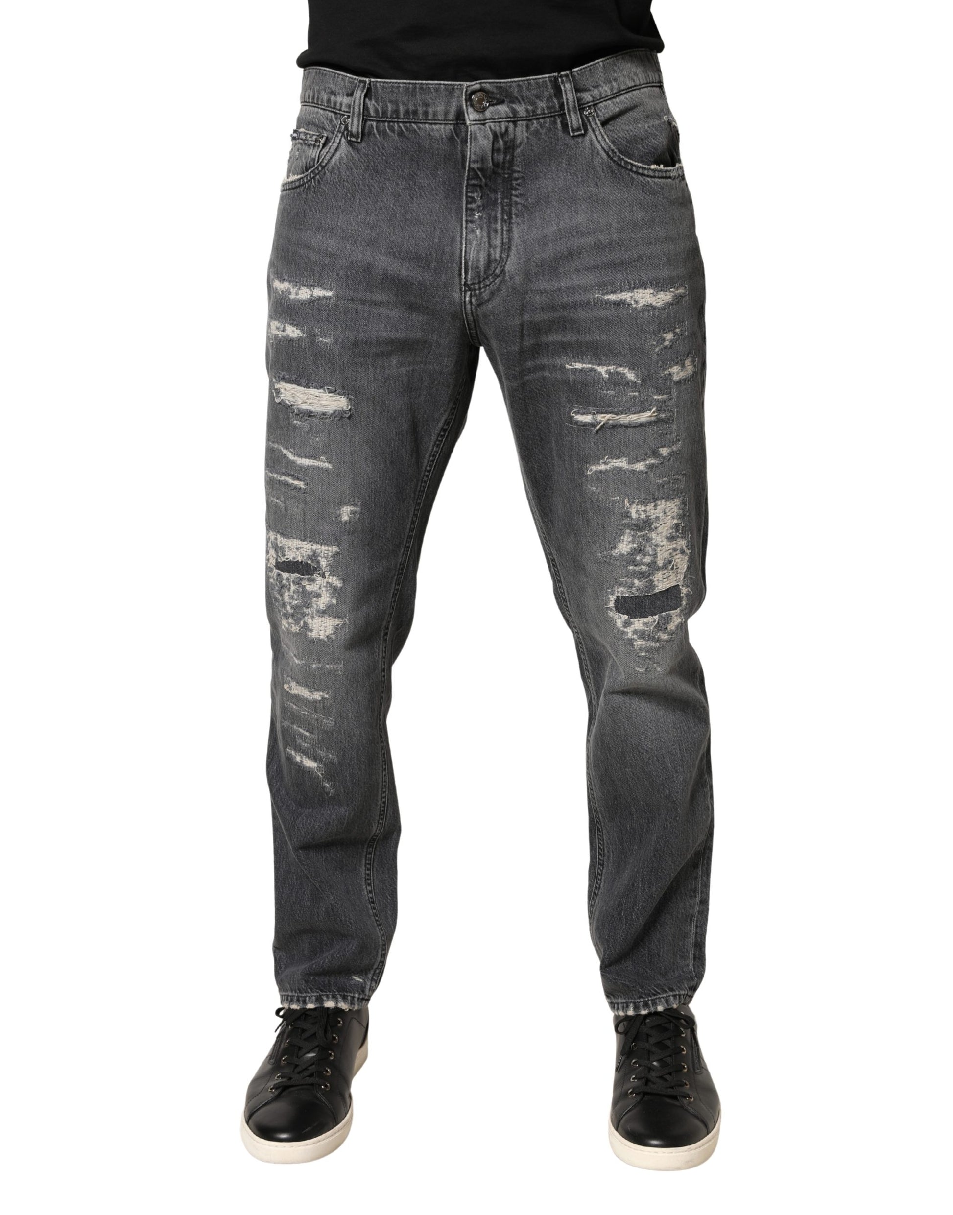 Dolce & Gabbana Dark Gray Tattered Cotton Loose Denim Jeans