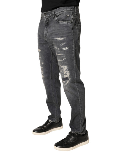 Dolce & Gabbana Dark Gray Tattered Cotton Loose Denim Jeans