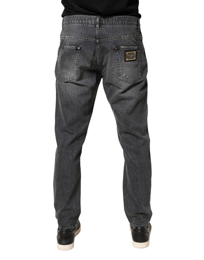 Dolce & Gabbana Dark Gray Tattered Cotton Loose Denim Jeans