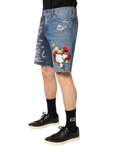 Dolce & Gabbana Blue Floral Embroidery Tattered Denim Shorts