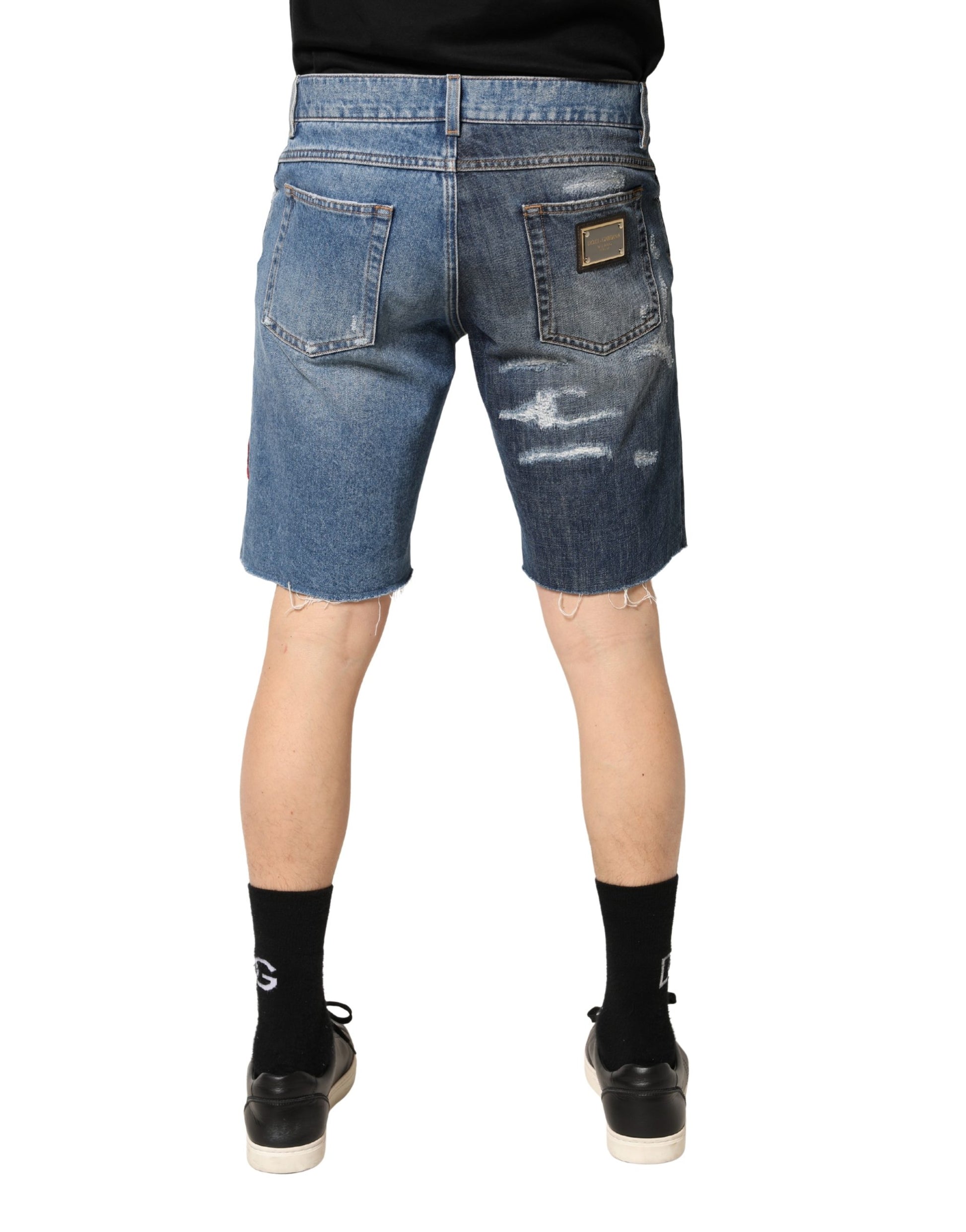 Dolce & Gabbana Blue Floral Embroidery Tattered Denim Shorts