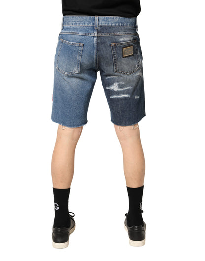 Dolce & Gabbana Blue Floral Embroidery Tattered Denim Shorts