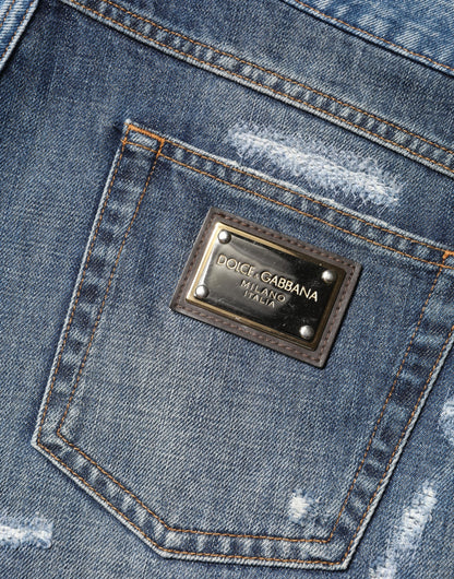 Dolce & Gabbana Blue Floral Embroidery Tattered Denim Shorts