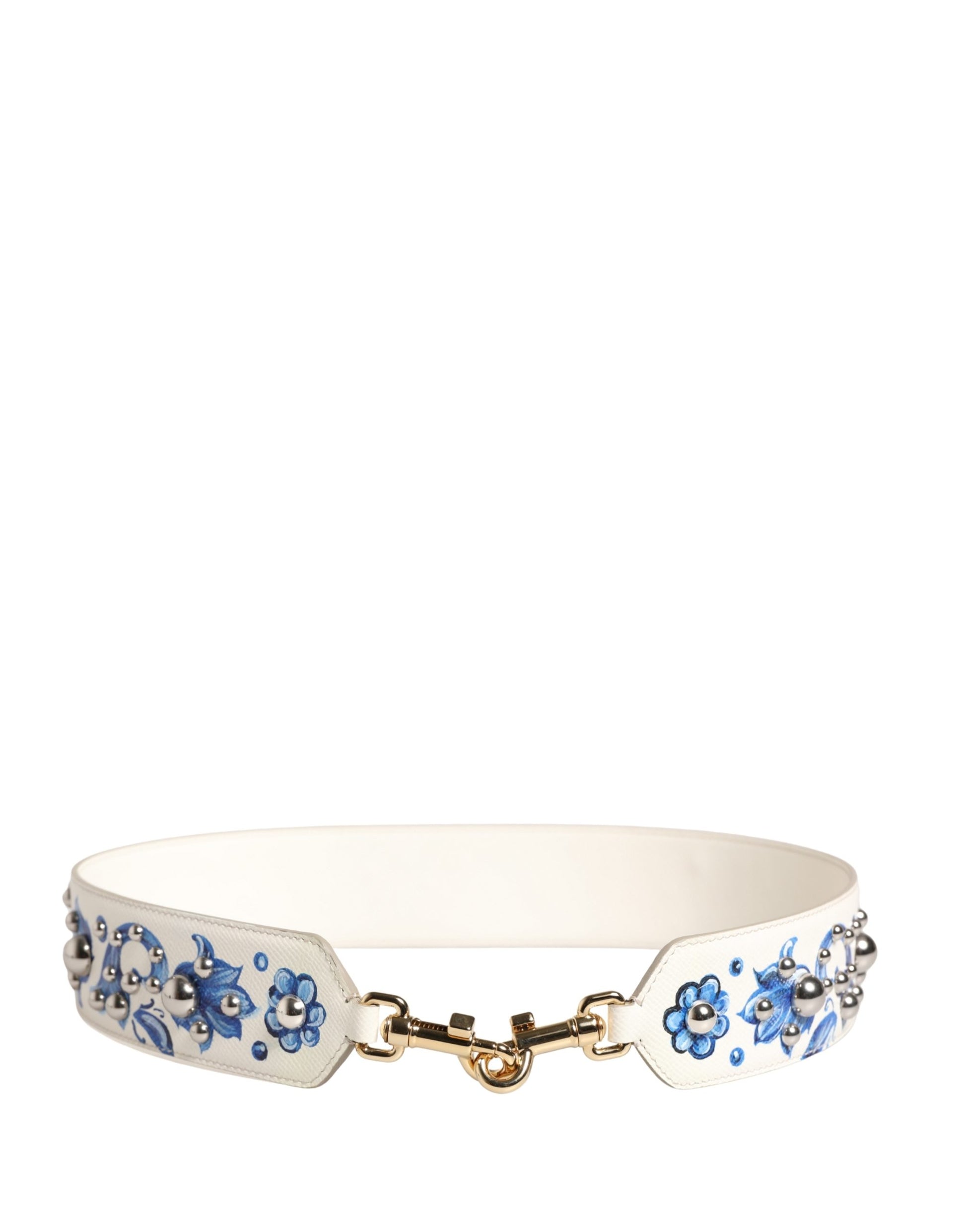 Dolce & Gabbana White Blue Floral Leather Stud Accessory Shoulder Strap