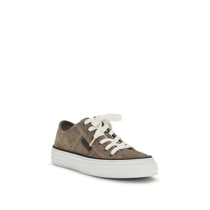 Brunello Cucinelli Beige Calf Leather Bos Taurus Low Top Sneakers