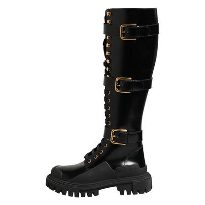 Dolce & Gabbana Black Buckle Embellished Knee High Boots Shoes