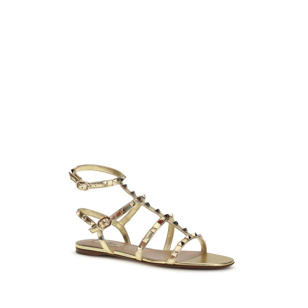 Valentino Garavani Gold Calf Leather Bos Taurus Flat Sandals