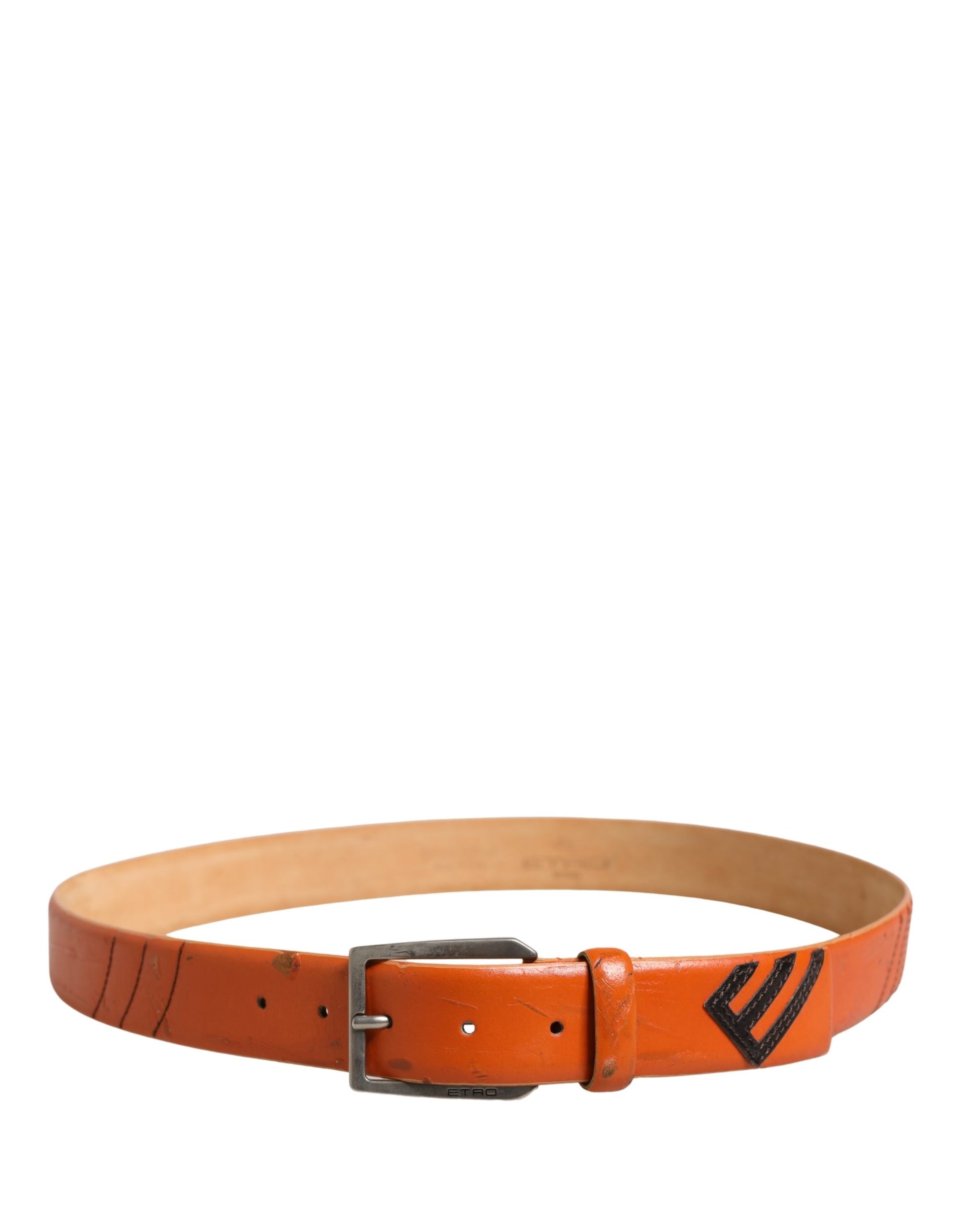 Etro Orange Genuine Leather Silver Metal Buckle Waist Belt