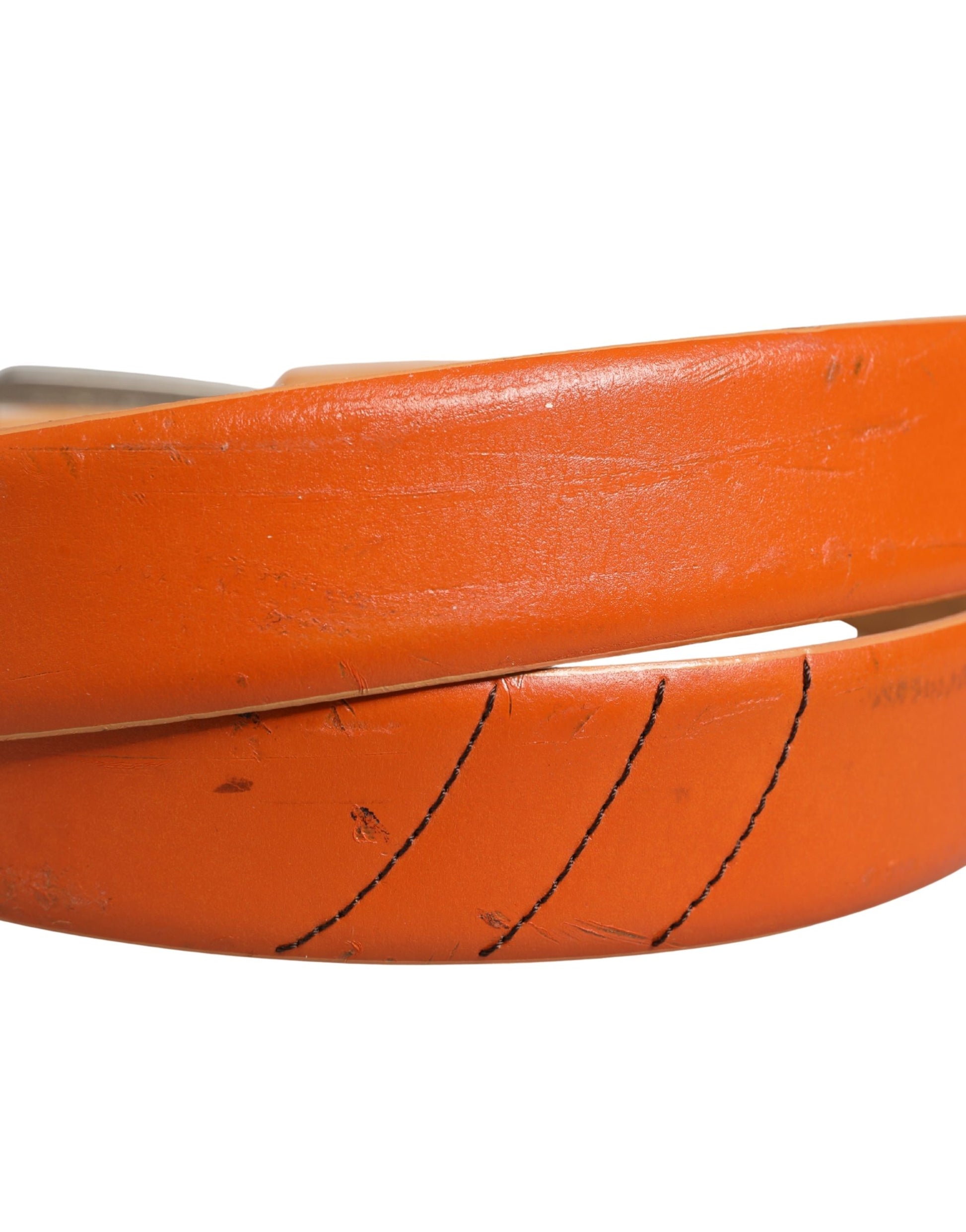 Etro Orange Genuine Leather Silver Metal Buckle Waist Belt