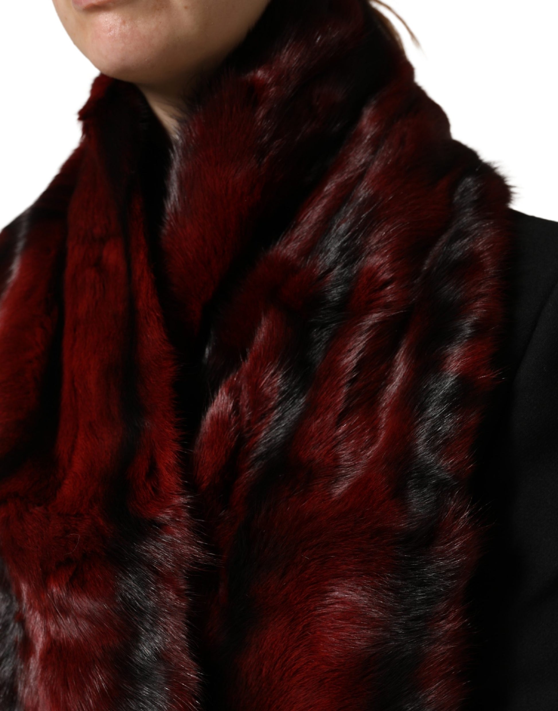 Dolce & Gabbana Black Red Stripe Fur Shawl Neck Wrap Scarf