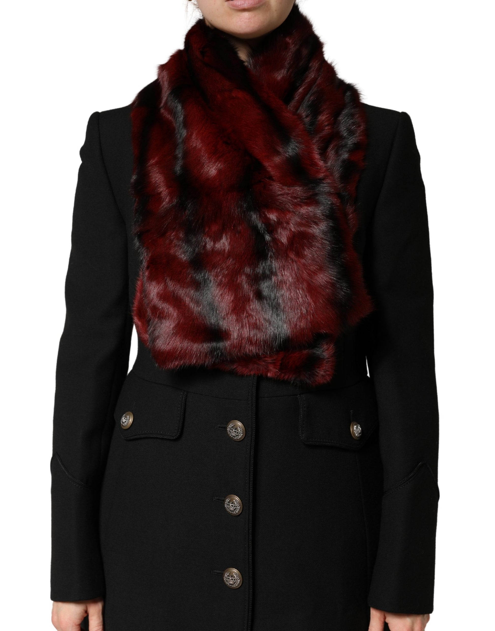Dolce & Gabbana Black Red Stripe Fur Shawl Neck Wrap Scarf