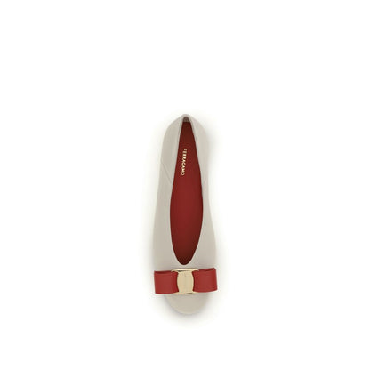 Ferragamo White Calf Leather Bos Taurus Ballet Flats