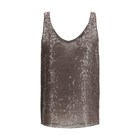 Brunello Cucinelli Brown Silk Sleeveles T-Shirt