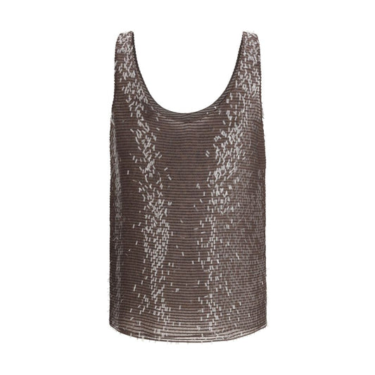 Brunello Cucinelli Brown Silk Sleeveles T-Shirt