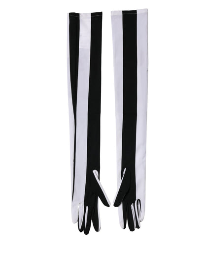 Dolce & Gabbana Black White Stripes Nylon Elbow Length Women Gloves