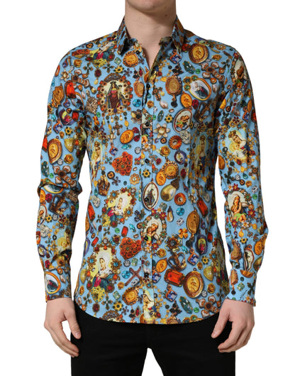 Dolce & Gabbana Blue Cotton Jewel Print Button Down GOLD Shirt