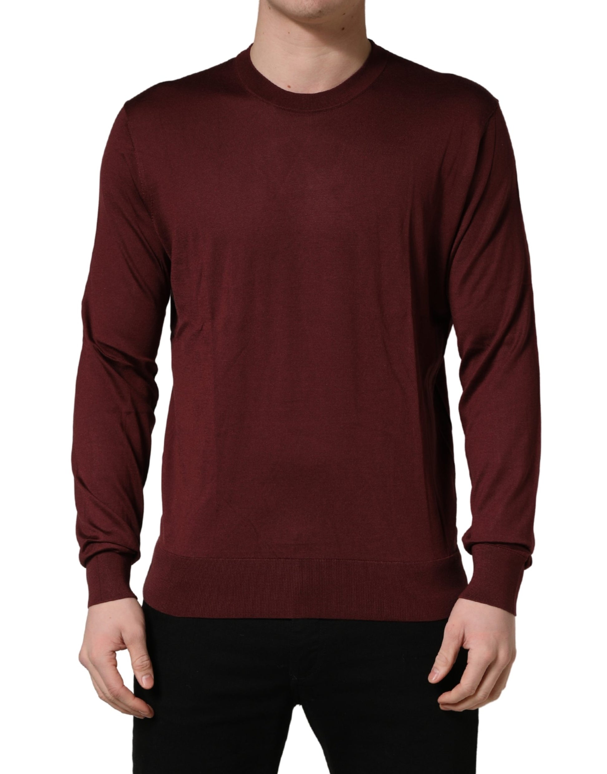 Dolce & Gabbana Maroon Silk Men Crew Neck Pullover Sweater