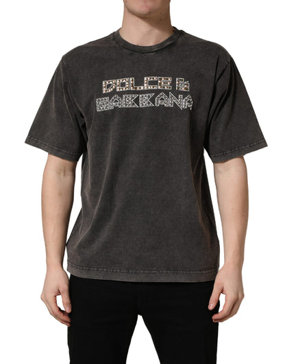 Dolce & Gabbana Gray Logo Embellished Men Crew Neck T-shirt