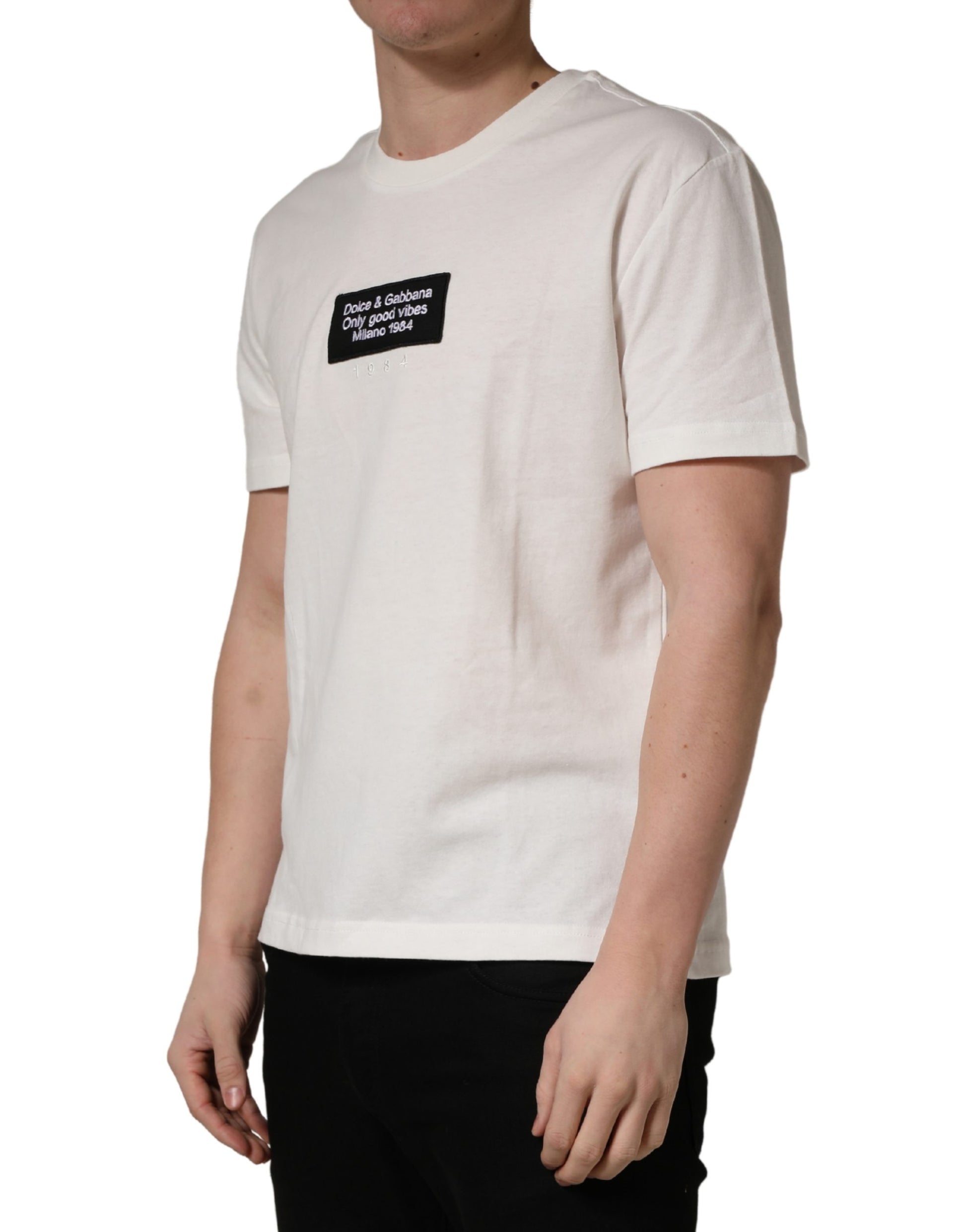 Dolce & Gabbana White Logo Patch Cotton Men Crew Neck  T-shirt