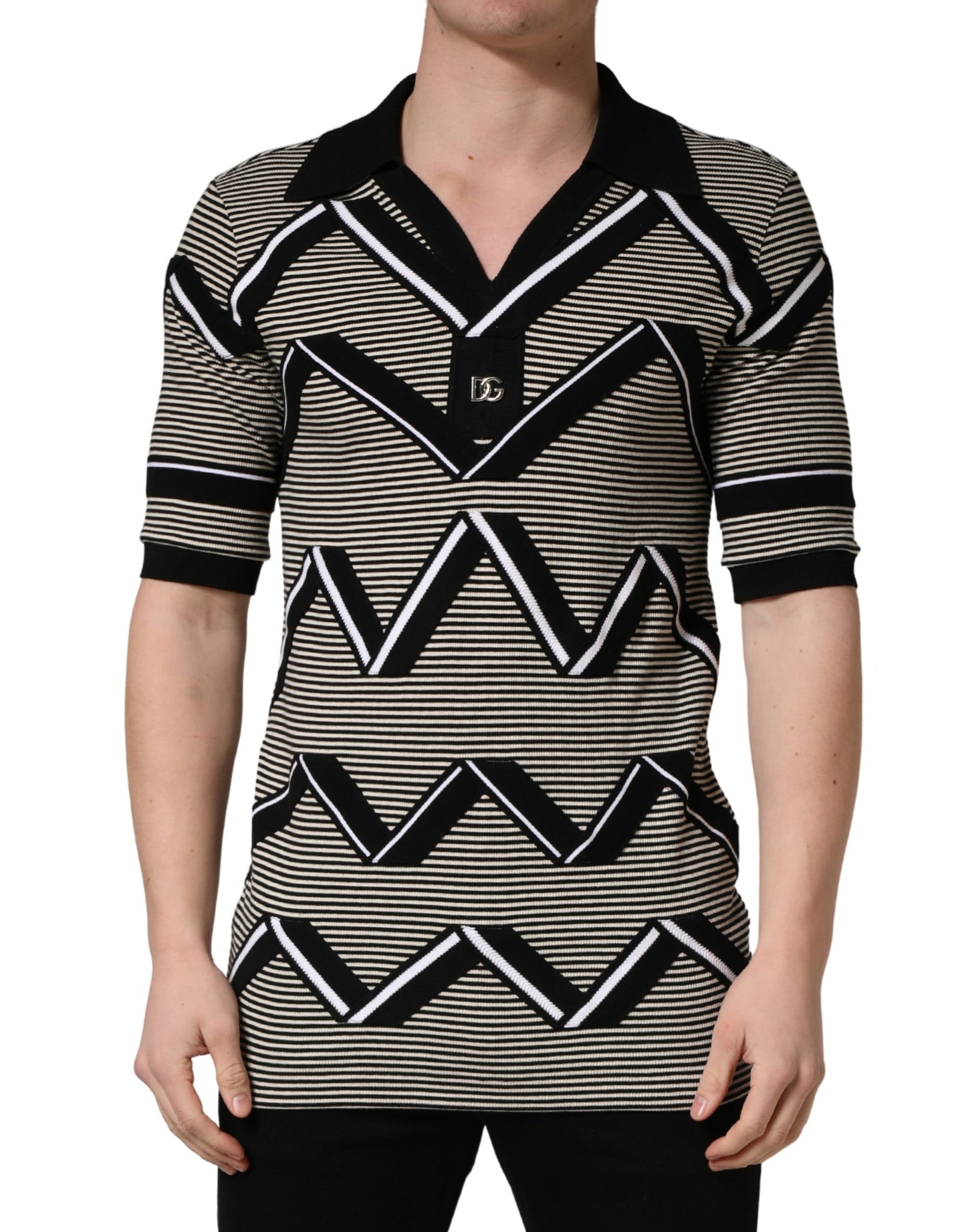 Dolce & Gabbana Black White Zigzag Pattern Cotton Men Polo  T-shirt