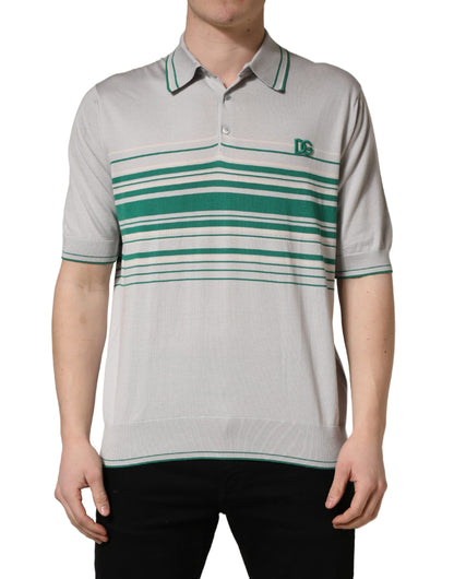 Dolce & Gabbana Gray Green Striped Logo Silk Polo T-shirt