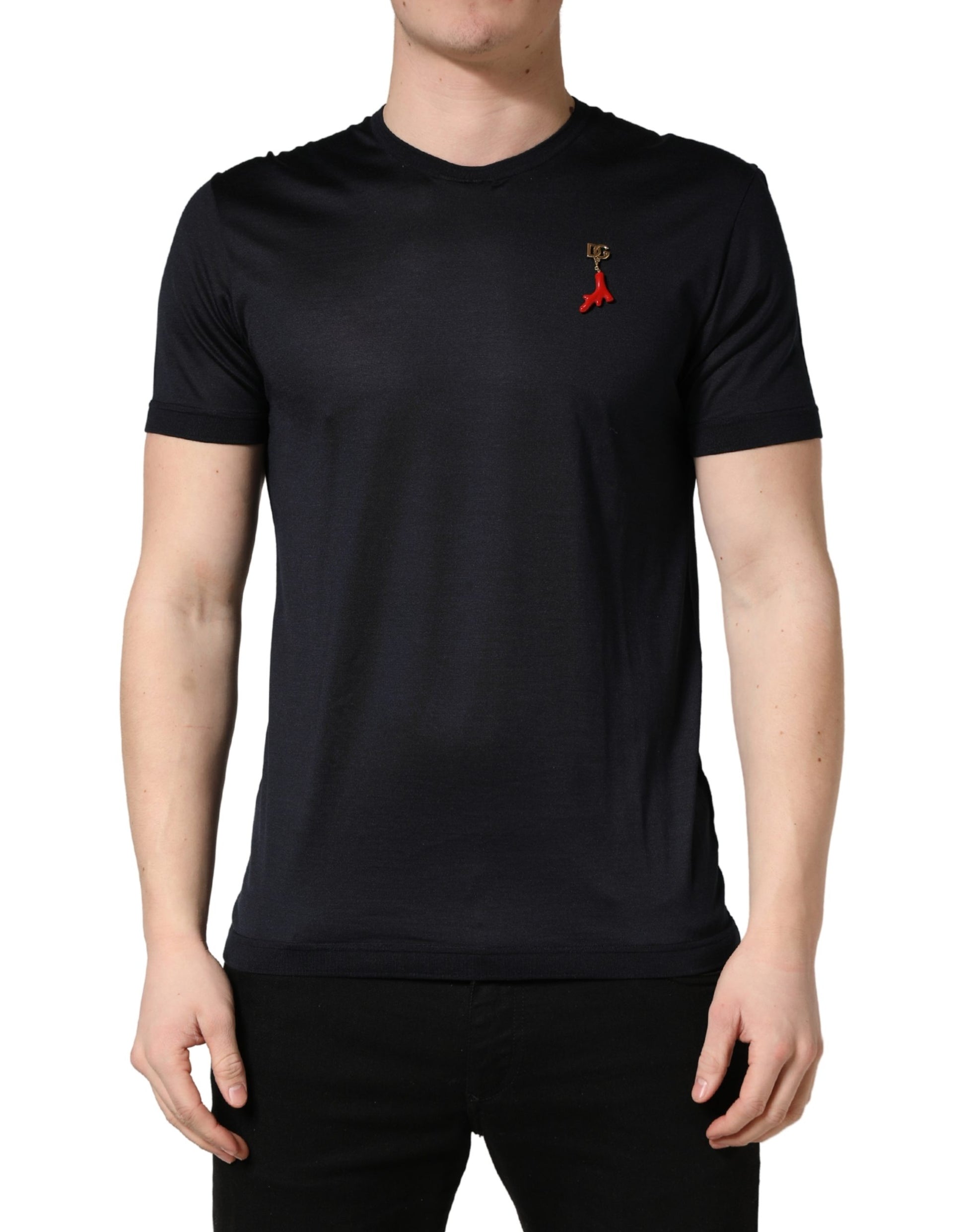 Dolce & Gabbana Dark Blue DG Logo Silk Men Crew Neck T-shirt