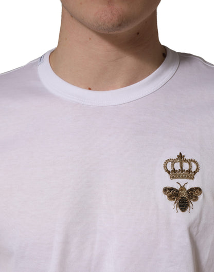 Dolce & Gabbana White Bee Crown Embroidery Cotton Men T-shirt