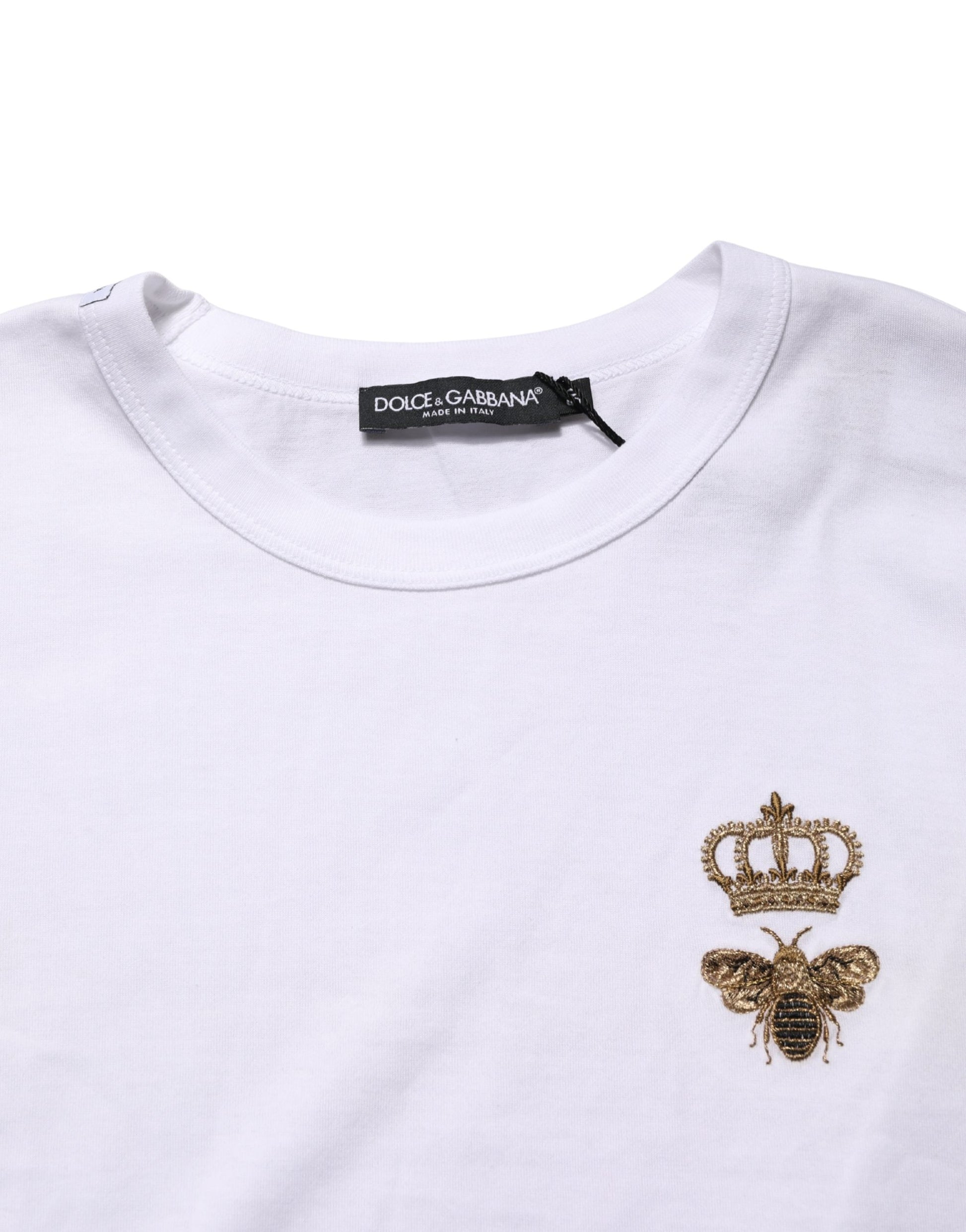 Dolce & Gabbana White Bee Crown Embroidery Cotton Men T-shirt