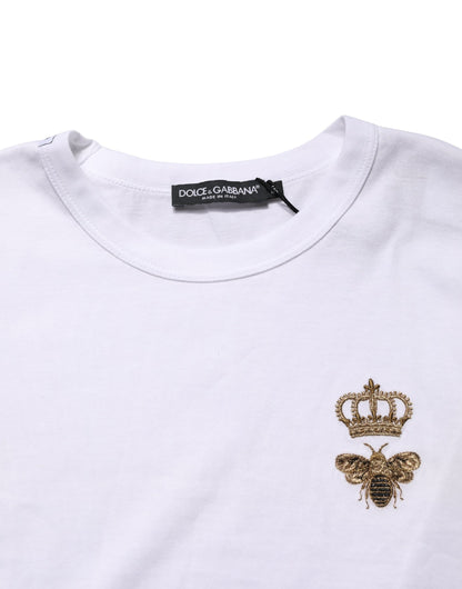 Dolce & Gabbana White Bee Crown Embroidery Cotton Men T-shirt