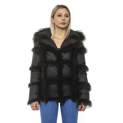 Mr&Mrs Italy Black Poly Jacket with Lamb Fur Hood for Women