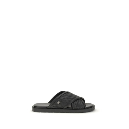 Ferragamo Black Calf Leather Bos Taurus Flat Sandals