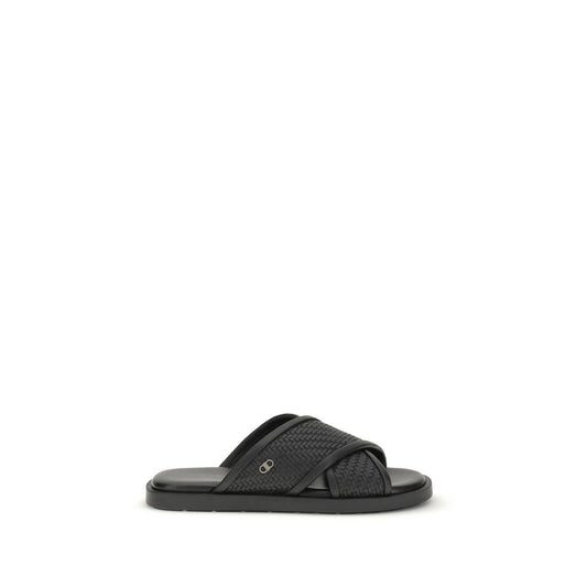 Ferragamo Black Calf Leather Bos Taurus Flat Sandals