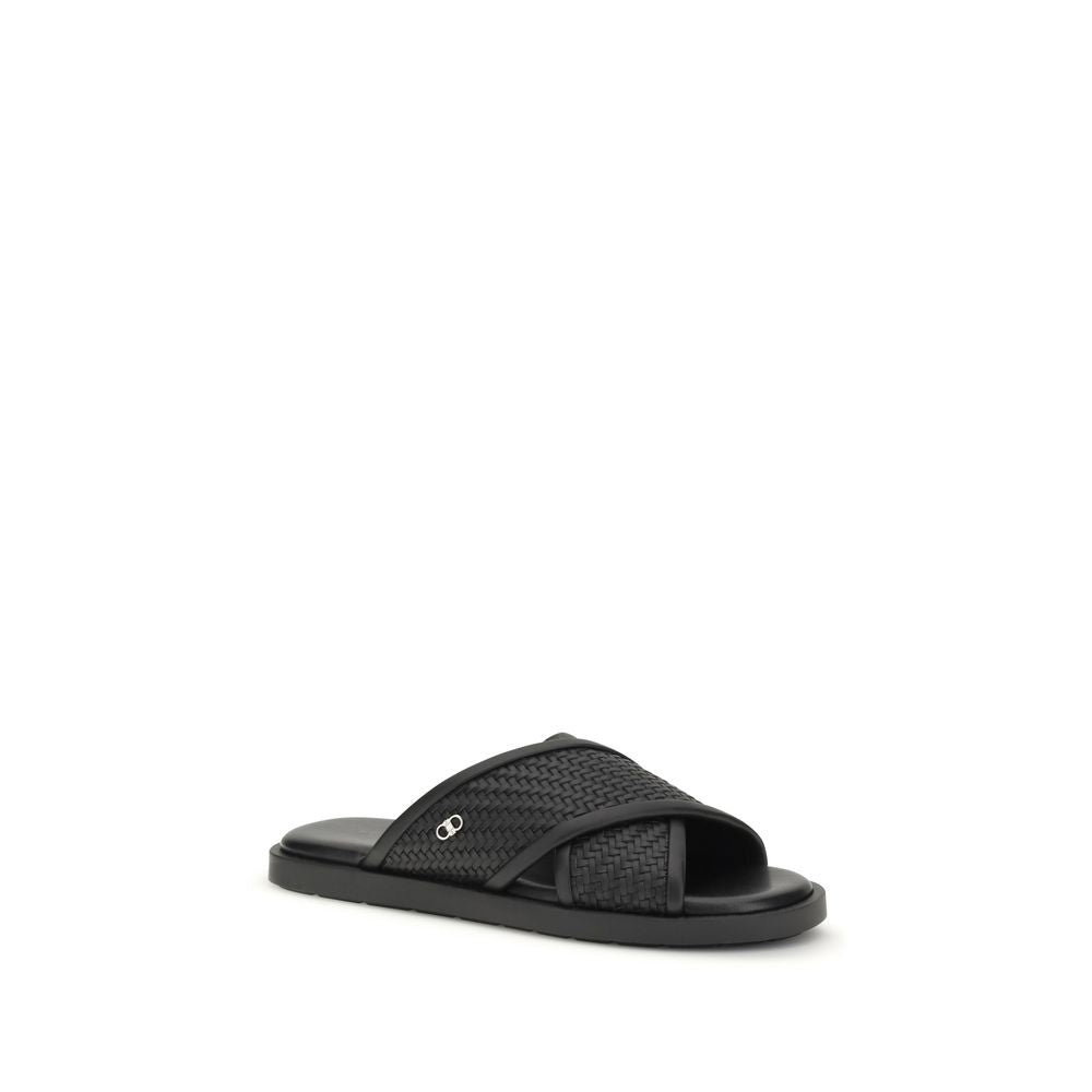 Ferragamo Black Calf Leather Bos Taurus Flat Sandals