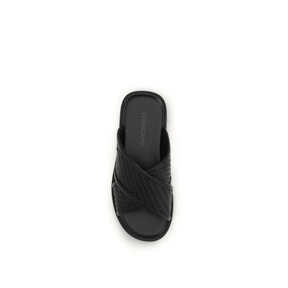 Ferragamo Black Calf Leather Bos Taurus Flat Sandals