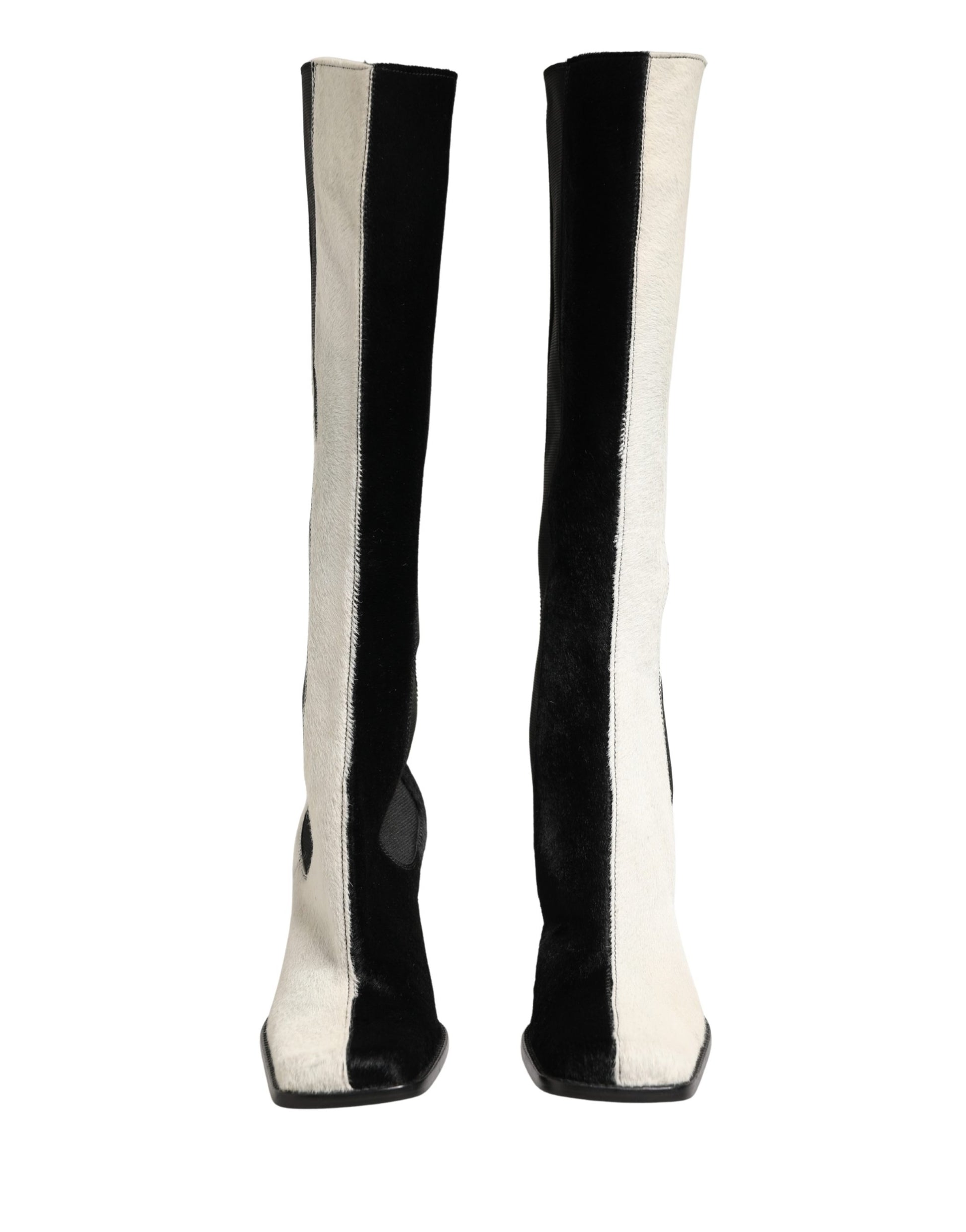 Dolce & Gabbana White Black Leather Knee High Boots Shoes