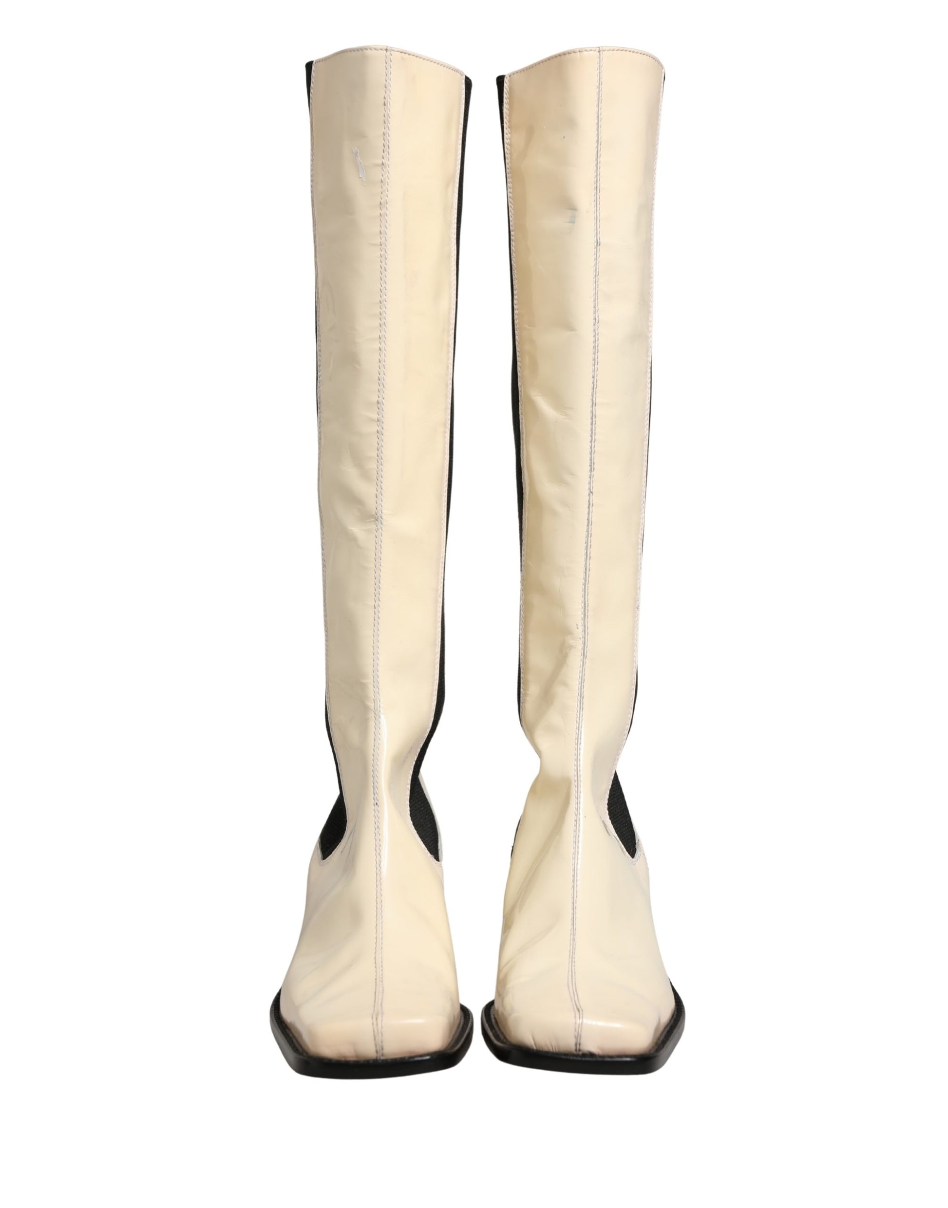 Dolce & Gabbana White Black Leather Knee High Boots Shoes