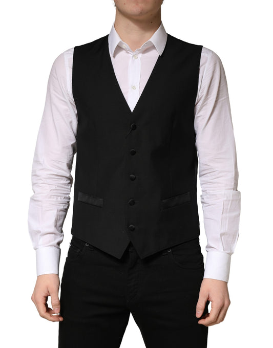 Dolce & Gabbana Black Wool Single Breasted Men Waistcoat Vest