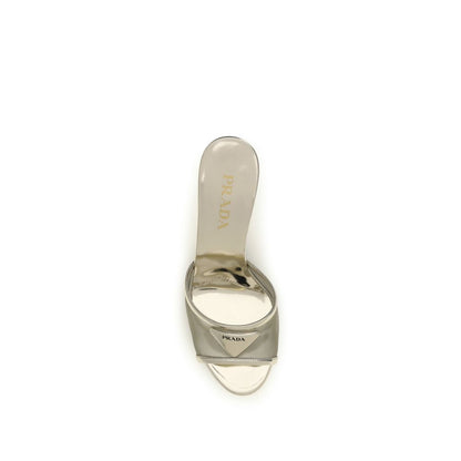 Prada Silver Calf Leather Bos Taurus Stiletto Heel Sandals