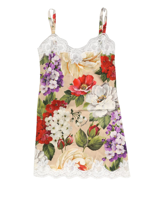 Dolce & Gabbana Beige Floral Silk Tank Short Chemise Sleepwear