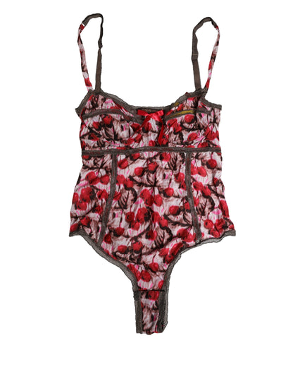Roberto Cavalli Multicolor CherryPrint Lace Bodysuit Underwear