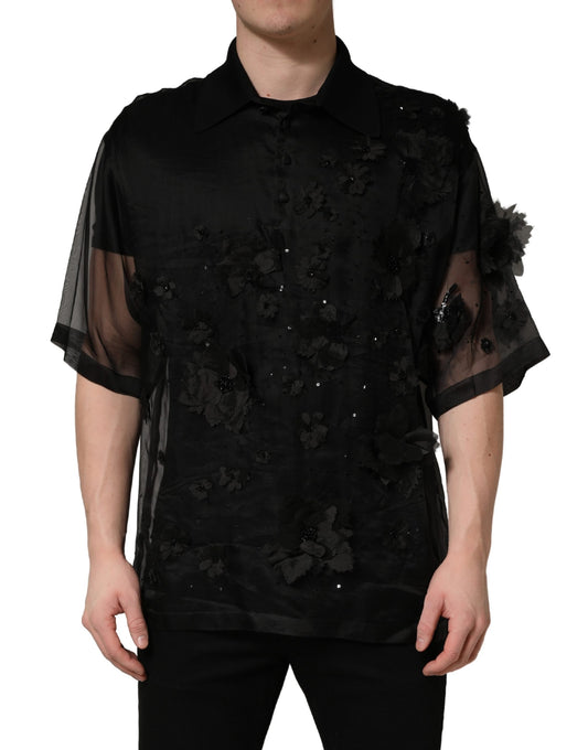 Dolce & Gabbana Black Floral Applique Sheer Short Sleeve Shirt
