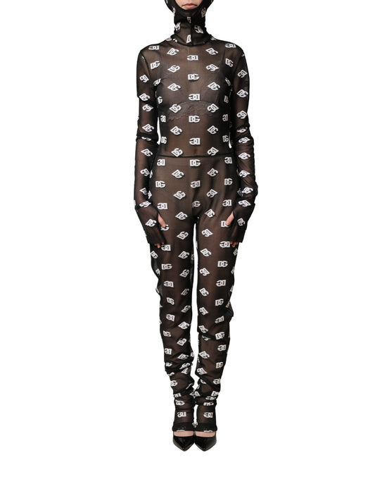 Dolce & Gabbana Black White Logo Print Hooded Jumpsuit Dress