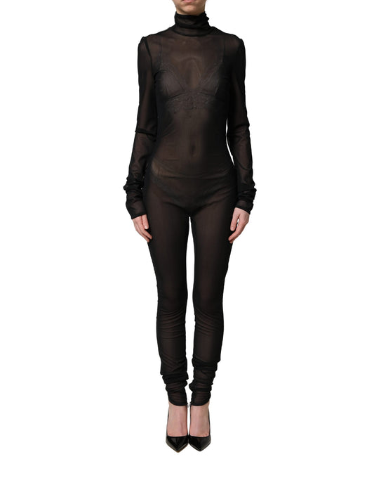 Dolce & Gabbana Black Nylon Sheer Turtleneck Jumpsuit Dress