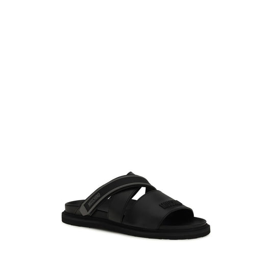 Moschino Black Calf Leather Bos Taurus Flat Sandals