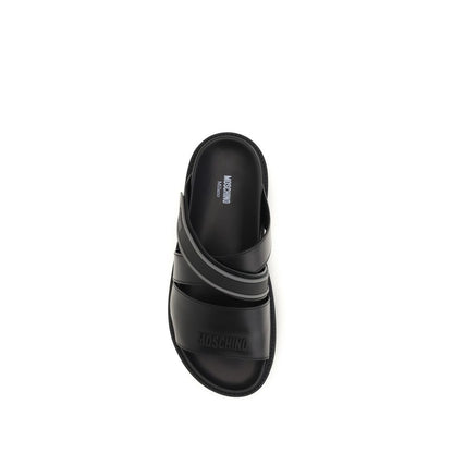 Moschino Black Calf Leather Bos Taurus Flat Sandals