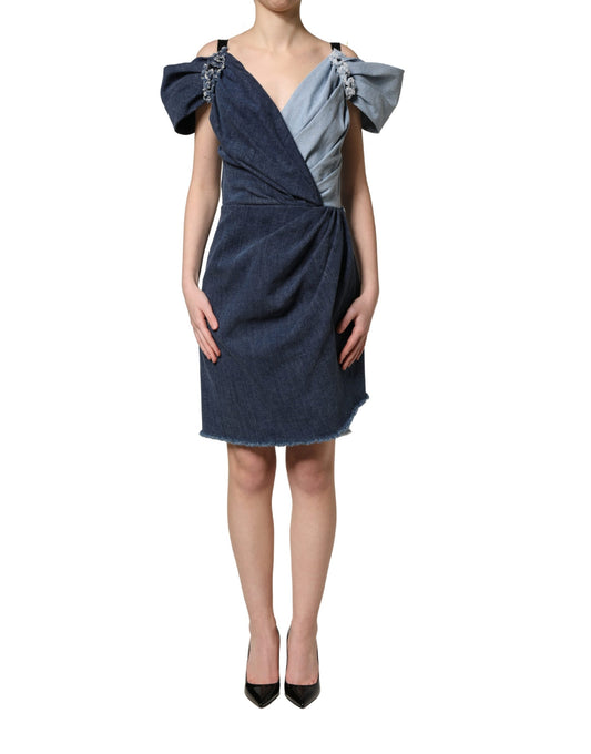 Dolce & Gabbana Blue Cotton Patchwork Denim Mini Sheath Dress