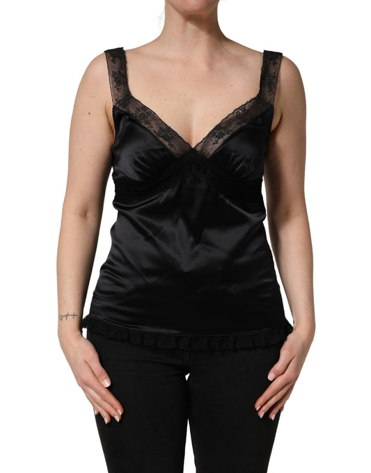 Dolce & Gabbana Black Silk Lace Trim Camisole V-neckline Tank Top