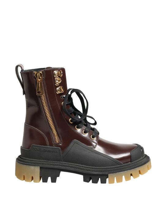 Dolce & Gabbana Maroon Leather Lace Up Biker Boots Shoes