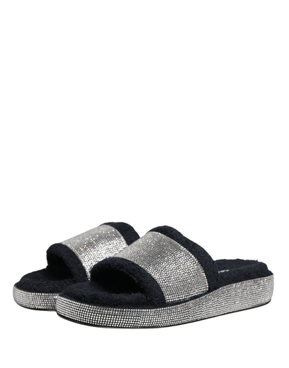Dolce & Gabbana Black Crystal Embellished Platform Slides Shoes