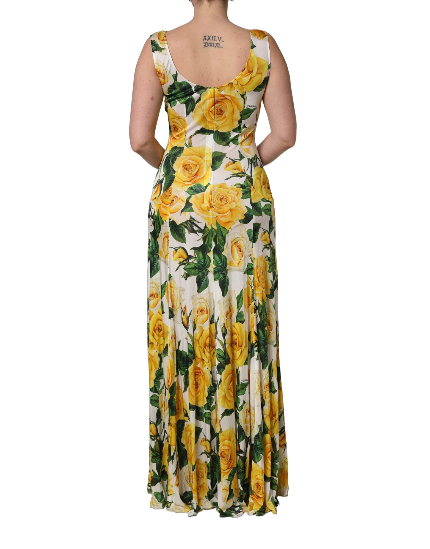 Dolce & Gabbana Yellow Rose Print Organzine Sleeveless Maxi Dress